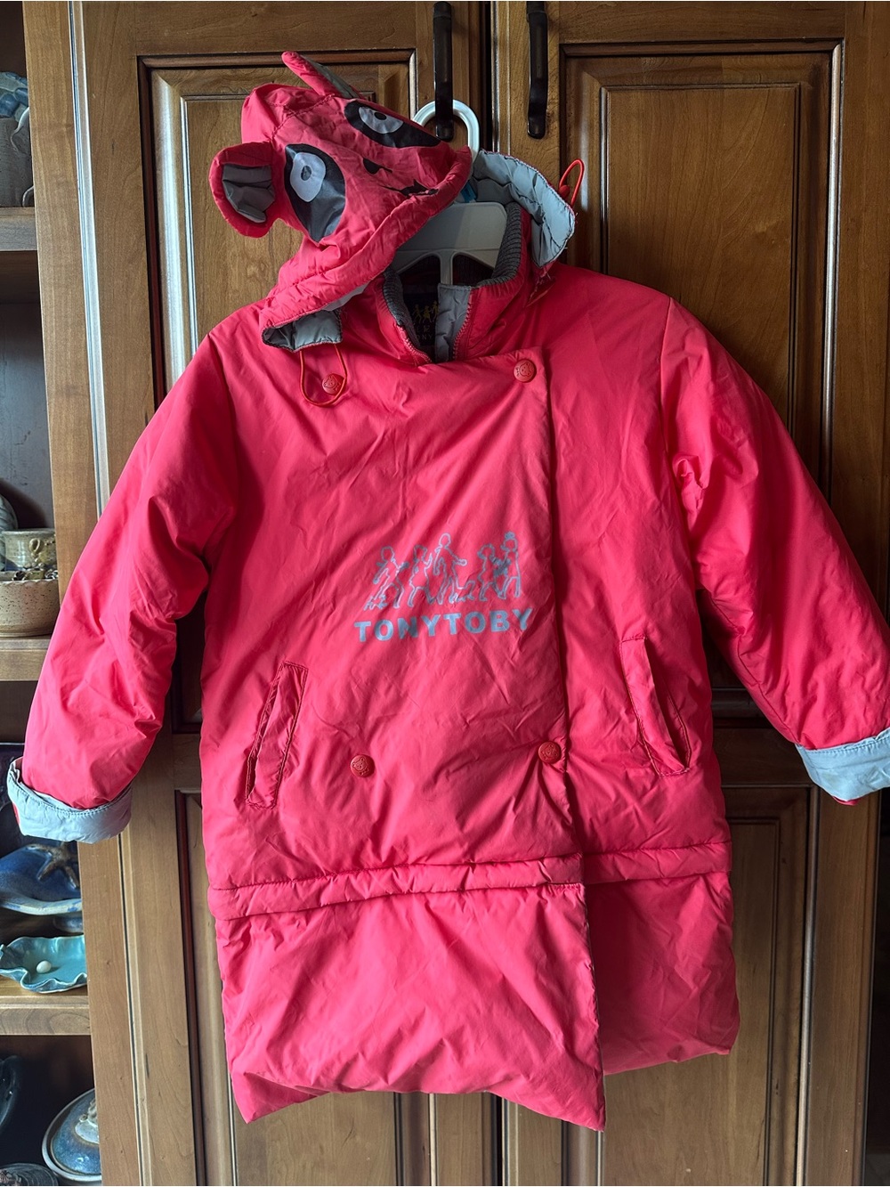 Red winter long red puffer coat animal hood with zipper to shorten unisex